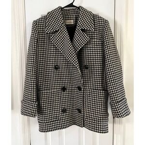 Calvin Klein Women Houndstooth Double Breasted Wool Pea Coat Black White Size 8
